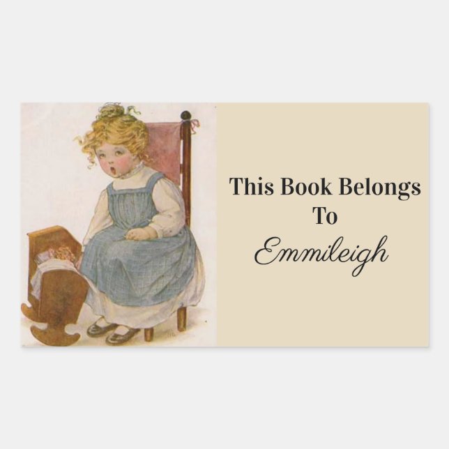 Pegatina Rectangular Ex libris de niña antigua con muñeca (Anverso)