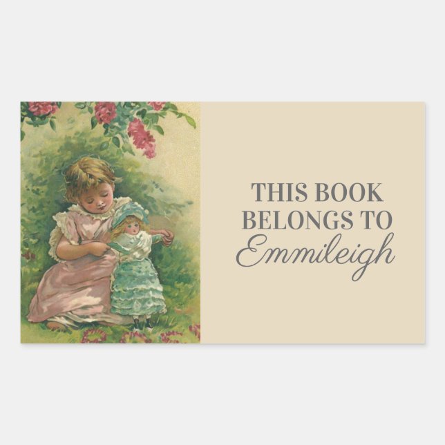 Pegatina Rectangular Ex Libris Niña Antigüita con Muñeca Bebé (Anverso)