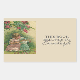 Pegatina Rectangular Ex Libris Niña Antigüita con Muñeca Bebé