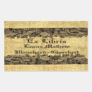 Pegatina Rectangular Ex Libris - rodeado de montones de libros Bookplat