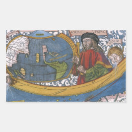 Pegatina Rectangular Explorador de Amerigo Vespucci en un mapa de Améri