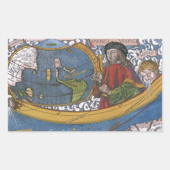 Pegatina Rectangular Explorador de Amerigo Vespucci en un mapa de Améri (Anverso)