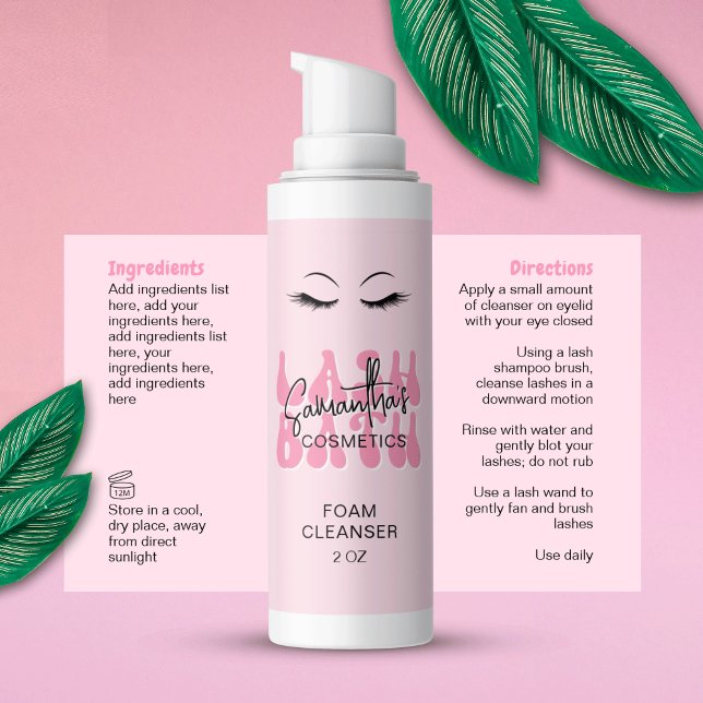 Pegatina Rectangular Extensiones de latiguillo de letra rosada Retro Li (Retro font pink aesthetic lash bath cleanser bottle labels with ingredients & directions)