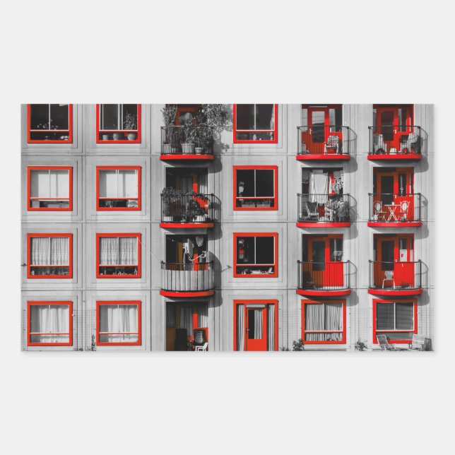 Pegatina Rectangular Fachada Roja Zuidoost Balcony Building Photography (Anverso)