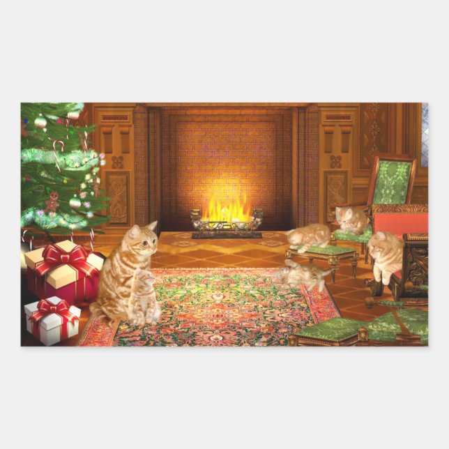 Pegatina Rectangular familia de Navidades de gatos naranja tabby (Anverso)