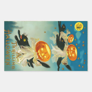 Pegatina Rectangular Fantasmas de calabaza de Halloween y gatos negros