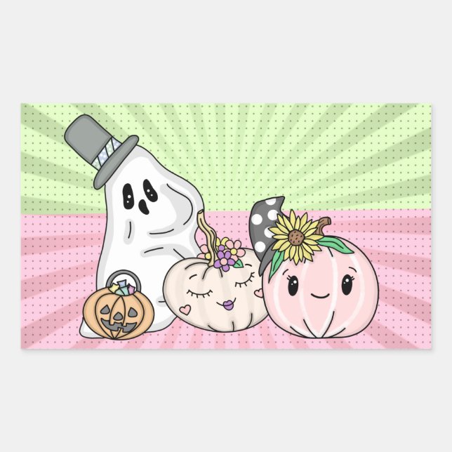 Pegatina Rectangular Fantasmas y calabazas de boo rosado de Halloween (Anverso)