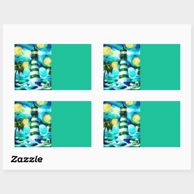 Pegatina Rectangular Faro tropical y palmeras Azul verde Verde azulado (Hoja)