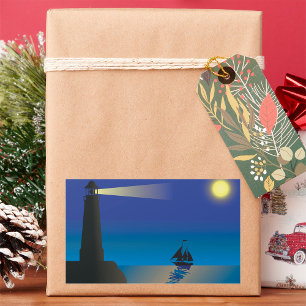 Pegatina Rectangular Faro y velero en el océano iluminado por la luna d