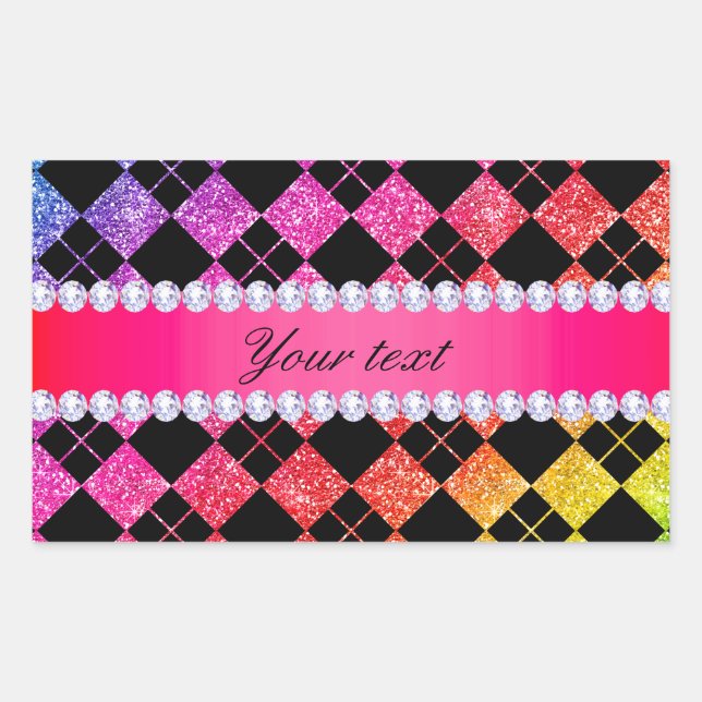 Pegatina Rectangular Faux Rainbow Neon Purpurina Diamonds Black (Anverso)