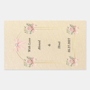 Pegatina Rectangular Favor de boda elegante perla floral rosa con arco 