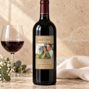Pegatina Rectangular Favor de vino con foto de monograma de boda Kraft 