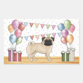 Pegatina Rectangular Fawn Pug Perro colorido Pastel Balón de cumpleaños