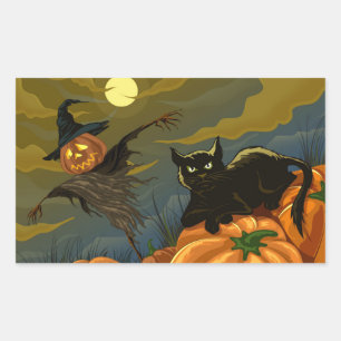 Pegatina Rectangular Felices Calabazas de Halloween Gato Negro