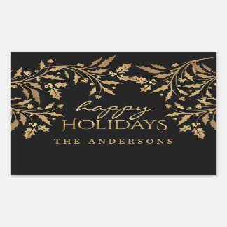 Pegatina Rectangular Felices fiestas Gold Faux Relieve metalizado Holly