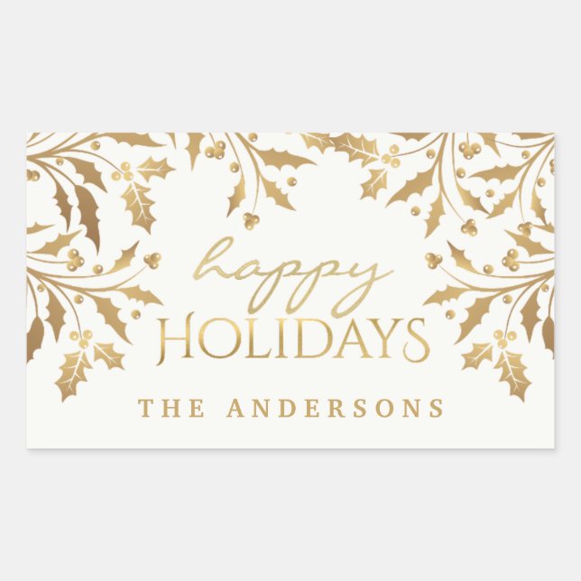 Pegatina Rectangular Felices fiestas Gold Shimmer Holly Brands (Anverso)