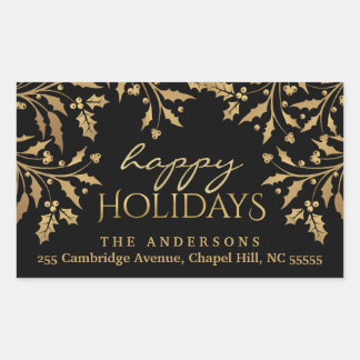Pegatina Rectangular Felices fiestas Navidades Holly Gold Faux Relieve 