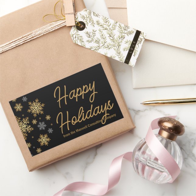 Pegatina Rectangular Felices Fiestas Negocio Dorado Chic Copos de Nieve (Regalar)