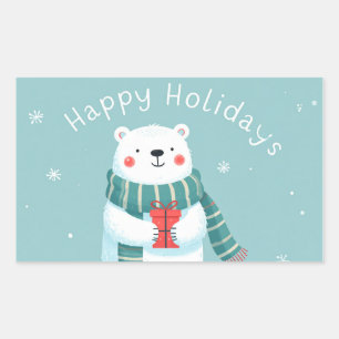 Pegatina Rectangular Felices Fiestas Sticker de Abrazo de Oso Polar