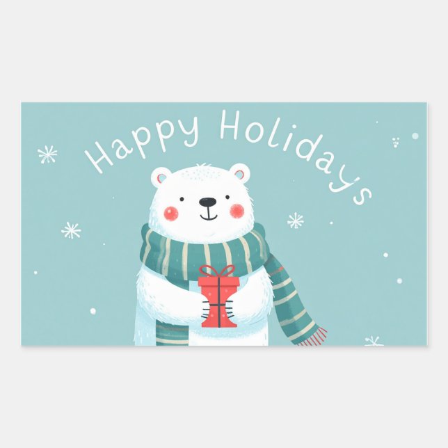 Pegatina Rectangular Felices Fiestas Sticker de Abrazo de Oso Polar (Anverso)