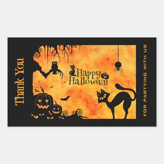 Pegatina Rectangular Felices Halloween Silhouette Black Cat Gracias (Anverso)