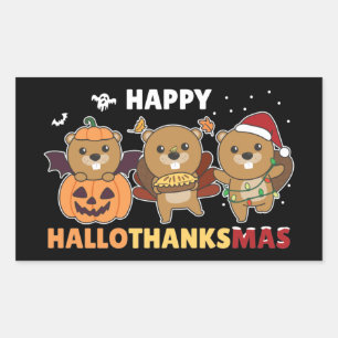 Pegatina Rectangular Felices Navidades castores de Hallothanksmas