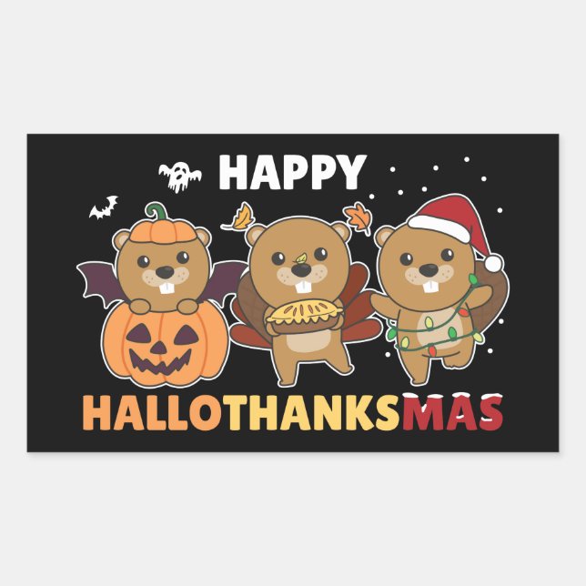 Pegatina Rectangular Felices Navidades castores de Hallothanksmas (Anverso)