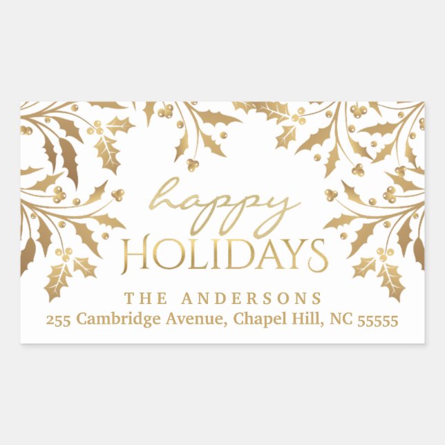 Pegatina Rectangular Felices vacaciones Navidades Holly Garland Gold (Anverso)