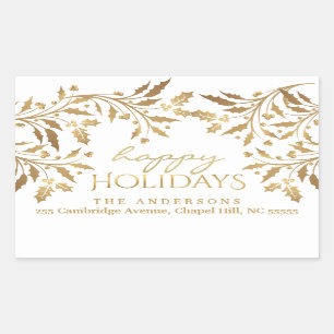 Pegatina Rectangular Felices vacaciones Navidades Holly Garland Gold