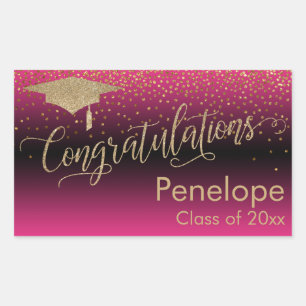 Pegatina Rectangular Felicitaciones Graduación de Confetti dorado Rosa 