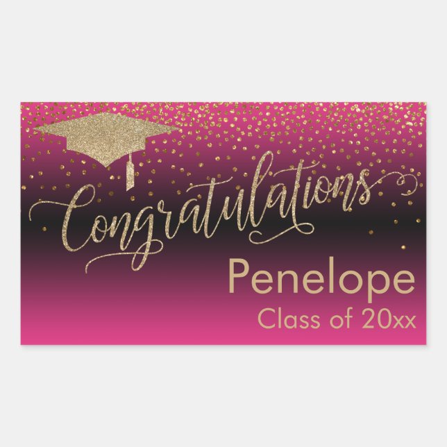 Pegatina Rectangular Felicitaciones Graduación de Confetti dorado Rosa  (Anverso)