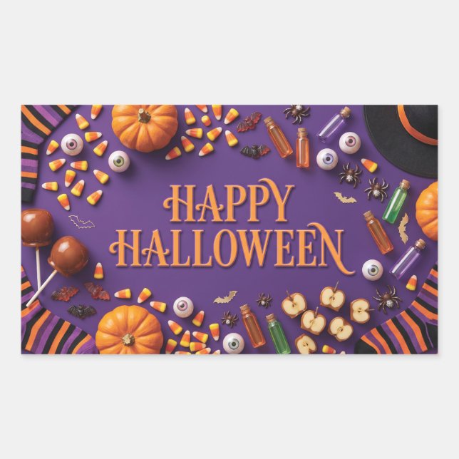 Pegatina Rectangular Feliciz Halloween Composición plana sobre fondo pú (Anverso)