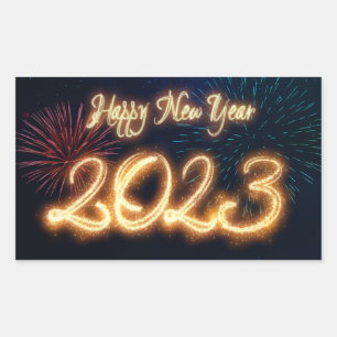 Pegatina Rectangular Feliz Año Nuevo 2023 con fuegos artificiales brill