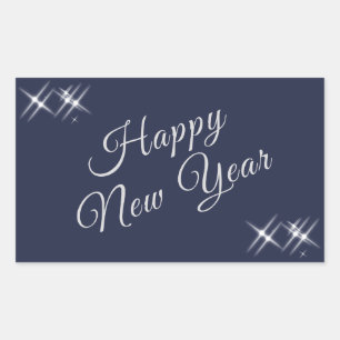 Pegatina Rectangular Feliz Año Nuevo Elegante Sparkles Navy Blue