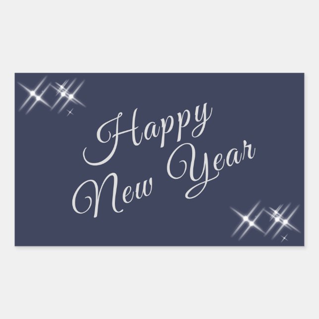 Pegatina Rectangular Feliz Año Nuevo Elegante Sparkles Navy Blue (Anverso)
