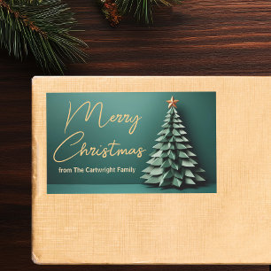 Pegatina Rectangular Feliz Árbol de Navidad Gorgeous Green Gold Fiesta