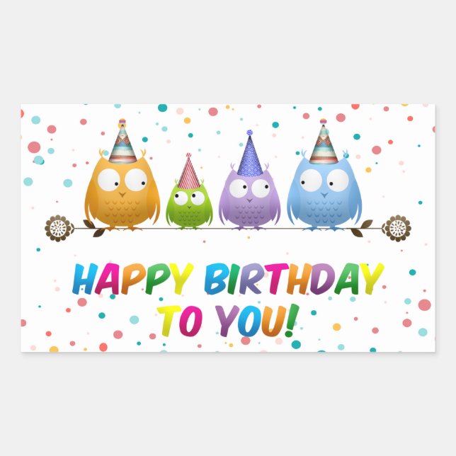 Pegatina Rectangular Feliz cumpleaños a ti, búhos, (Anverso)