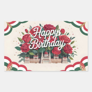 Pegatina Rectangular Feliz Cumpleaños con Rosas y Parlamento Húngaro