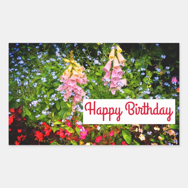 Pegatina Rectangular Feliz cumpleaños, flores de primavera #7-2 Pegatin (Anverso)