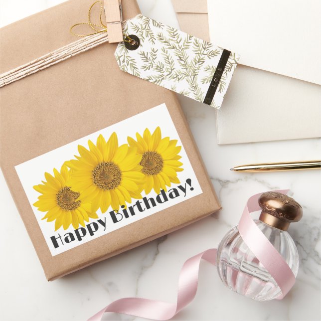 Pegatina Rectangular Feliz cumpleaños, girasoles amarillos (Regalar)