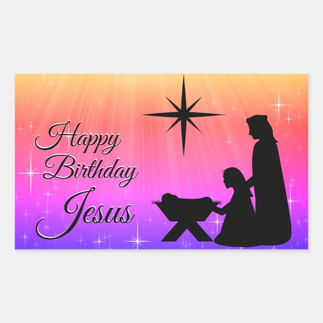 Pegatina Rectangular Feliz cumpleaños, Jesús, Navidad Natividad (Anverso)