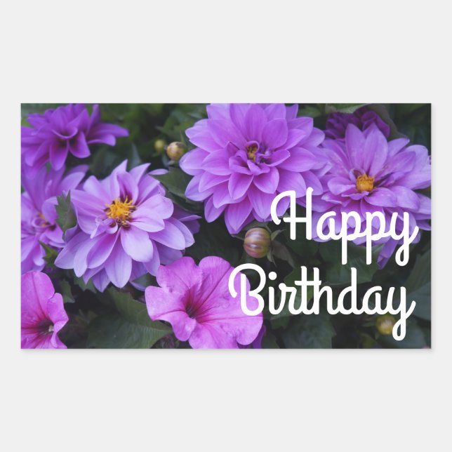 Pegatina Rectangular Feliz cumpleaños, Pegatinas de Dahlia Lilac y Petu (Anverso)