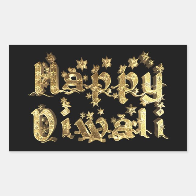 Pegatina Rectangular Feliz Diwali Black and Gold Elegant Stars Textos (Anverso)