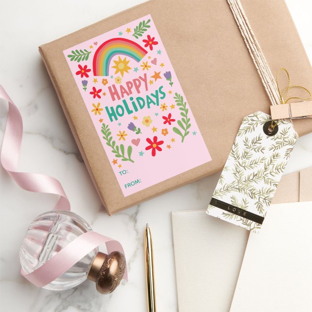 Pegatina Rectangular Feliz feriado arcoiris lindo PERSONALIZADO a (Happy Holidays Rainbow Cute CUSTOM TO FROM hand-drawn colorful Rectangular Sticker
)