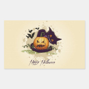 Pegatina Rectangular Feliz Halloween Black Cat y Jack Rectangular Sti