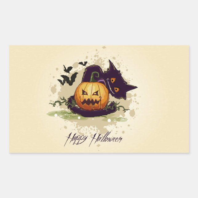 Pegatina Rectangular Feliz Halloween Black Cat y Jack Rectangular Sti (Anverso)