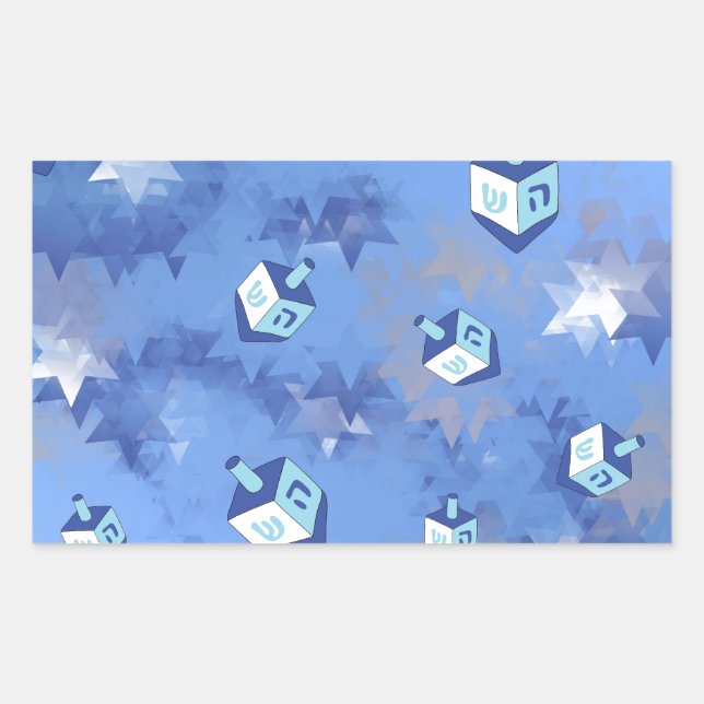 Pegatina Rectangular Feliz Janucá Estrellas Fugaces y Dreidels (Anverso)