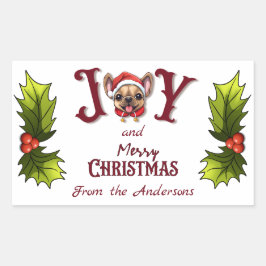 Pegatina Rectangular Feliz Navidad Alegría lindo Bulldog francés holly