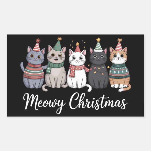 Pegatina Rectangular Feliz Navidad Año Feliz Gato Amante de Gatos Xmas (Anverso)