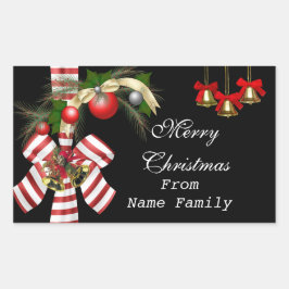 Pegatina Rectangular Feliz Navidad Black Red Balls Gold Xmas Fiesta